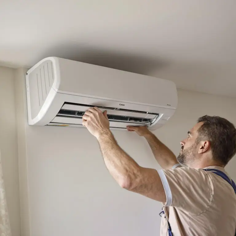 Technician servicing a Canon air conditioner.