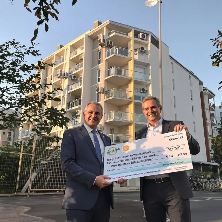 Two men holding a large novelty check for climate initiatives in front of a building.