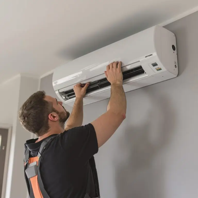 Technician installing a wall-mounted air conditioner.