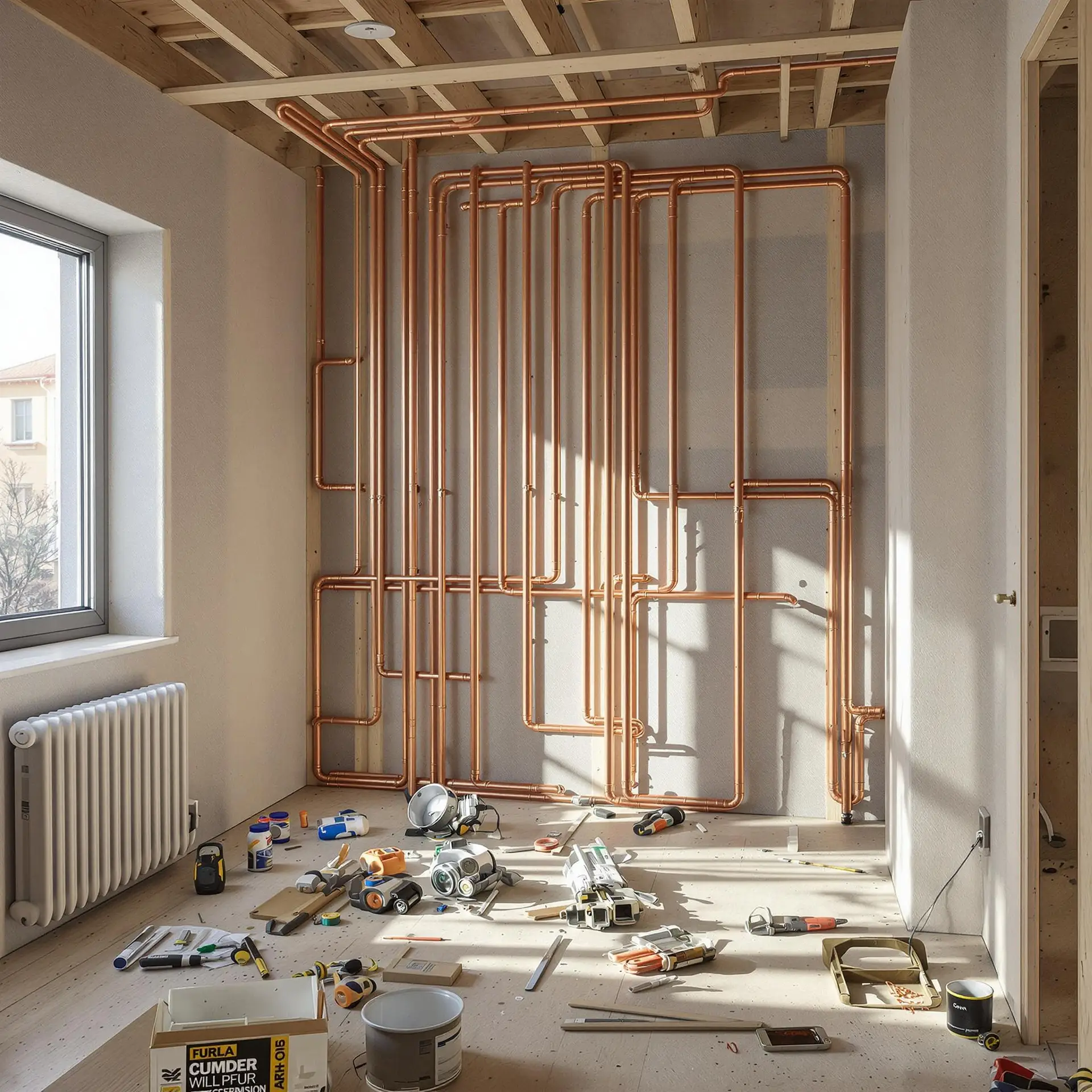 Installation de tuyaux en cuivre dans une pièce en rénovation