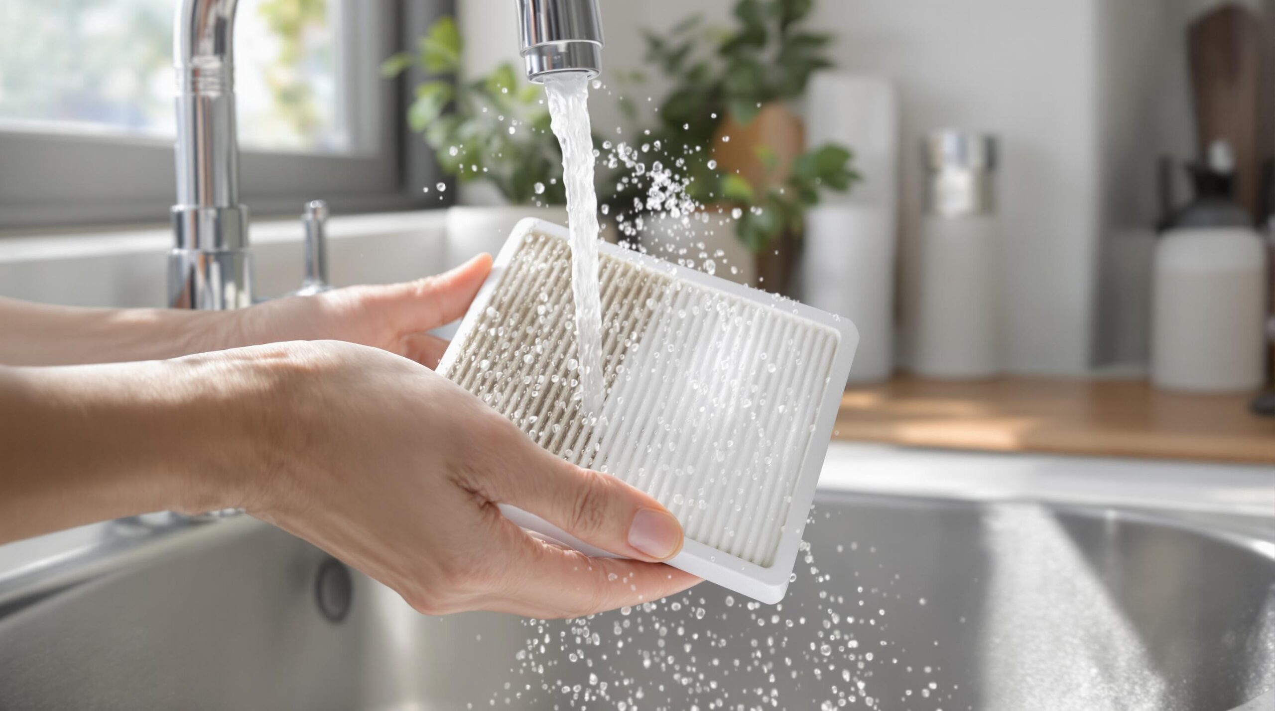 Entretien d’un filtre de climatisation rincé à l’eau au-dessus d’un évier de cuisine