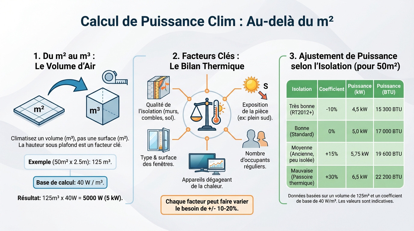 Schéma illustrant le calcul de puissance de climatisation basé sur le volume en mètres cubes plutôt que la surface