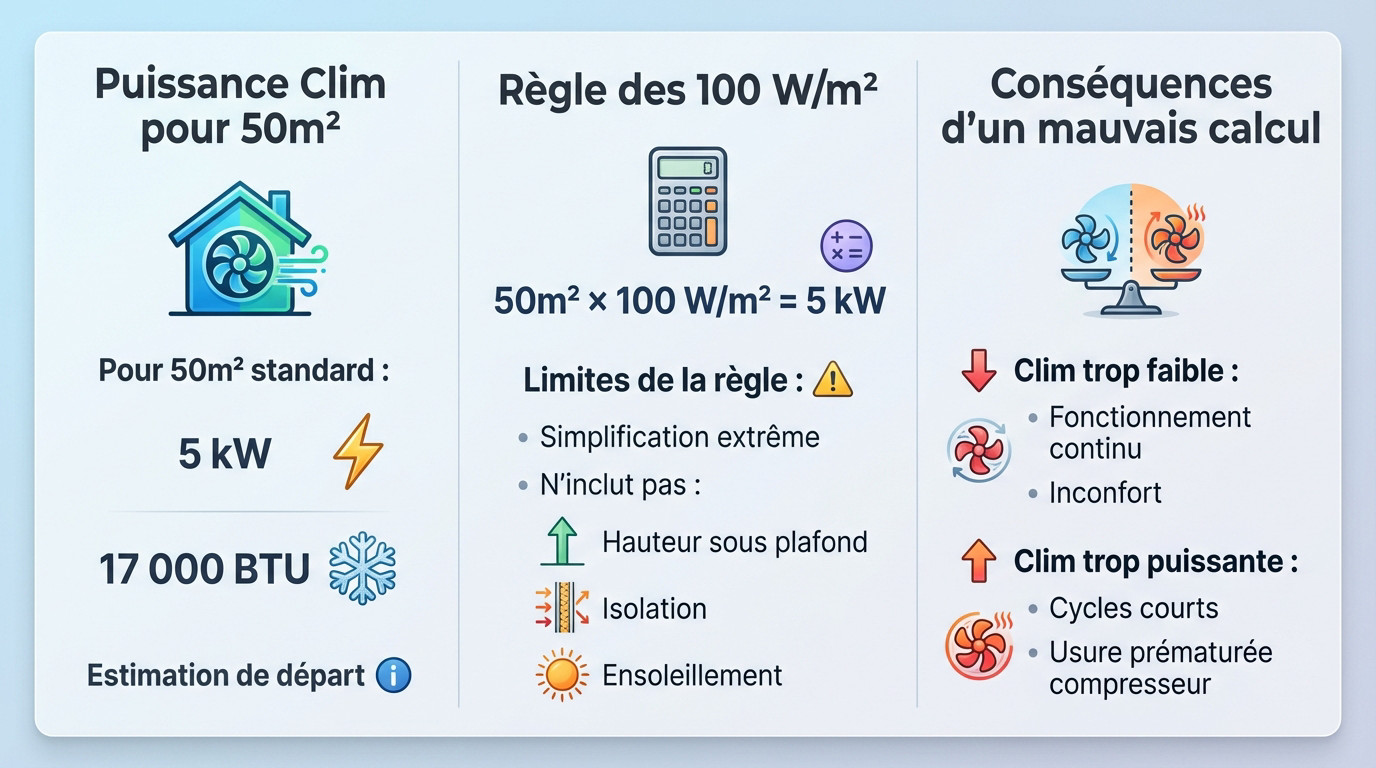 Schéma explicatif du calcul de puissance climatisation pour 50m2 avec la règle des 100W par mètre carré