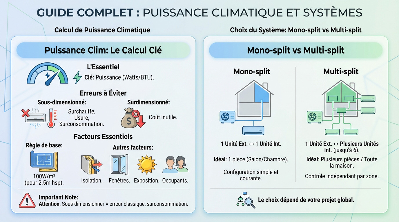 Illustration des facteurs influençant la puissance d'une climatisation comme l'isolation et la surface