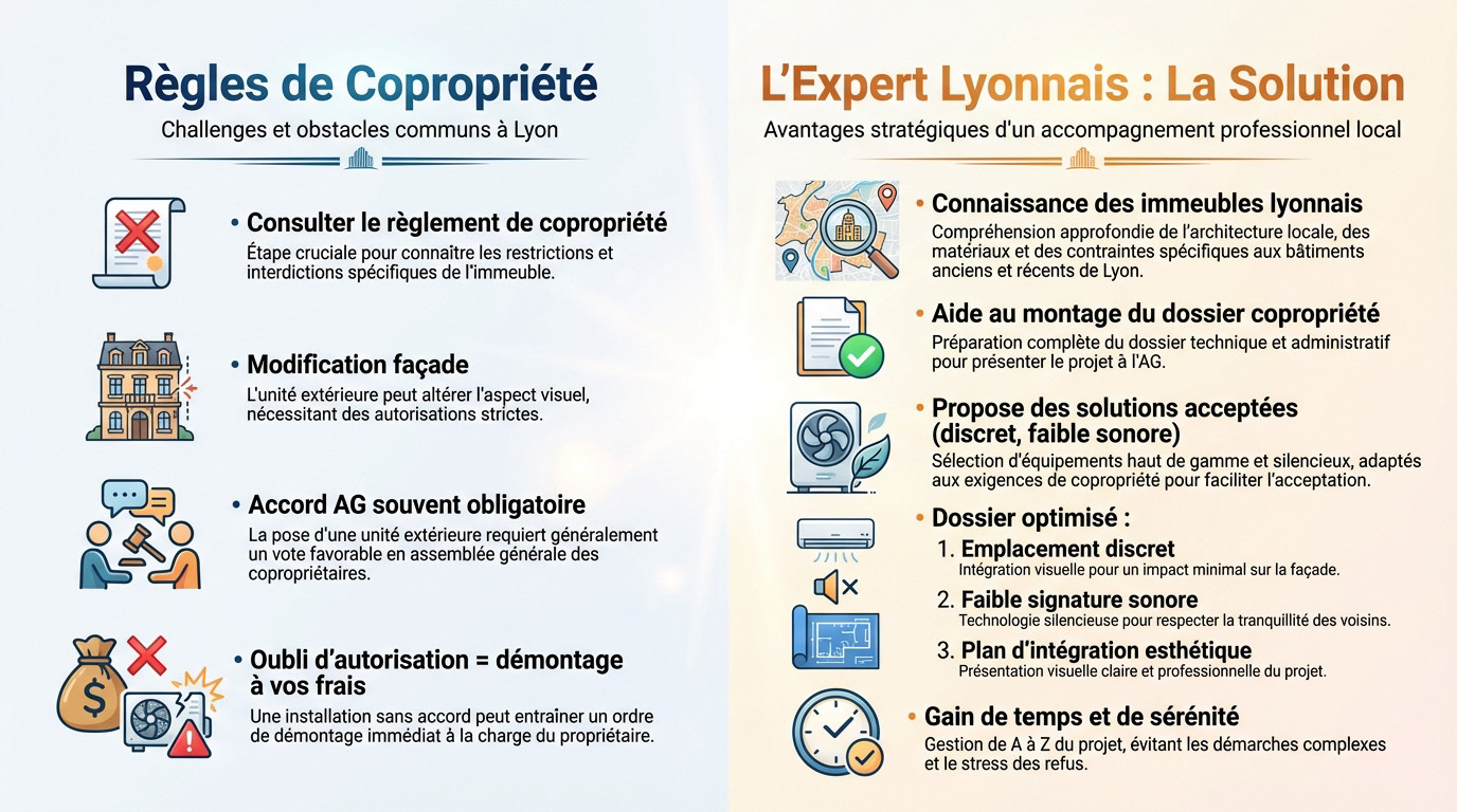 Expert en climatisation à Lyon conseillant un client sur les règles de copropriété pour une installation en appartement