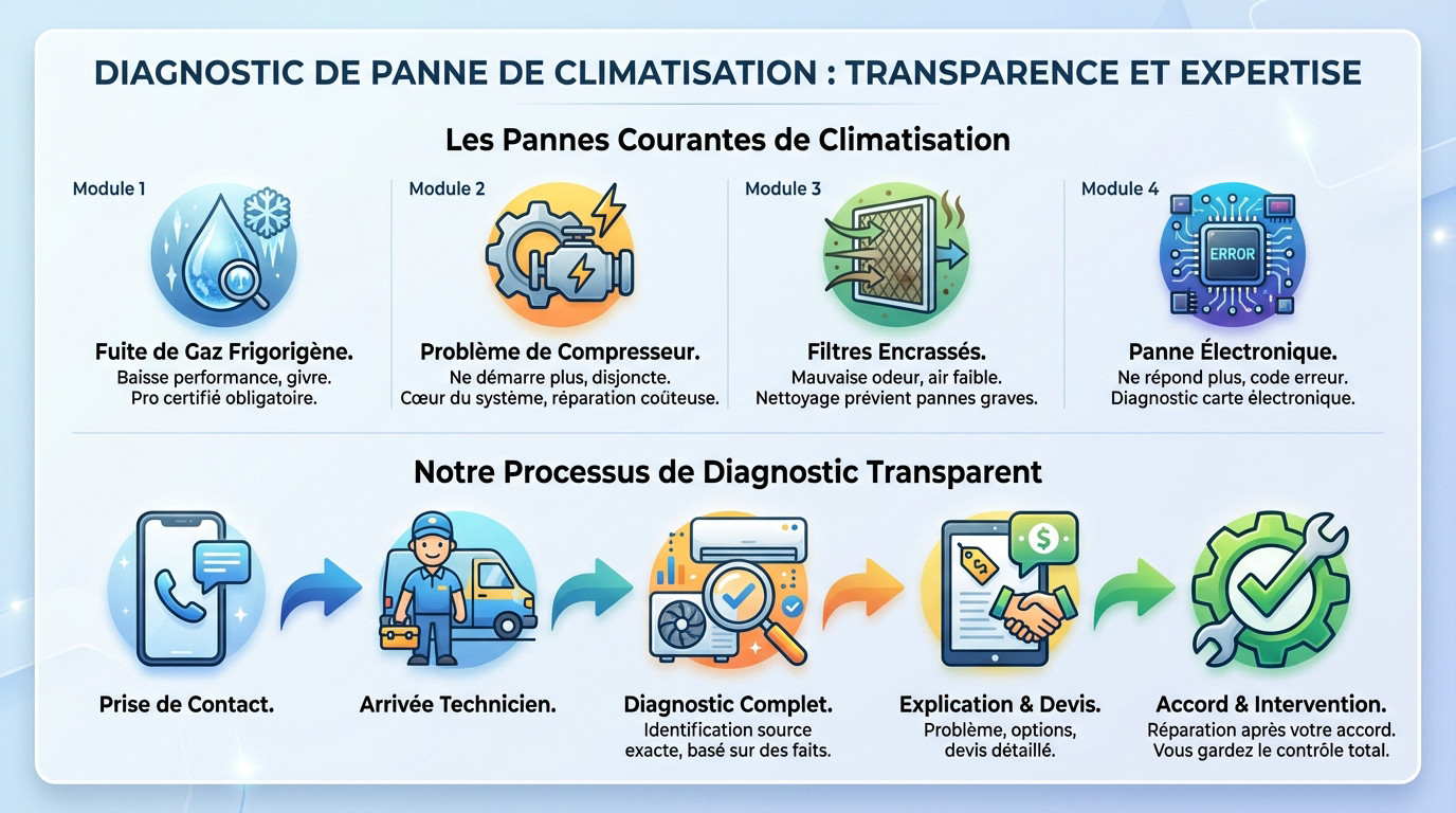 Technicien effectuant un diagnostic de panne de climatisation à Lyon avec transparence et expertise