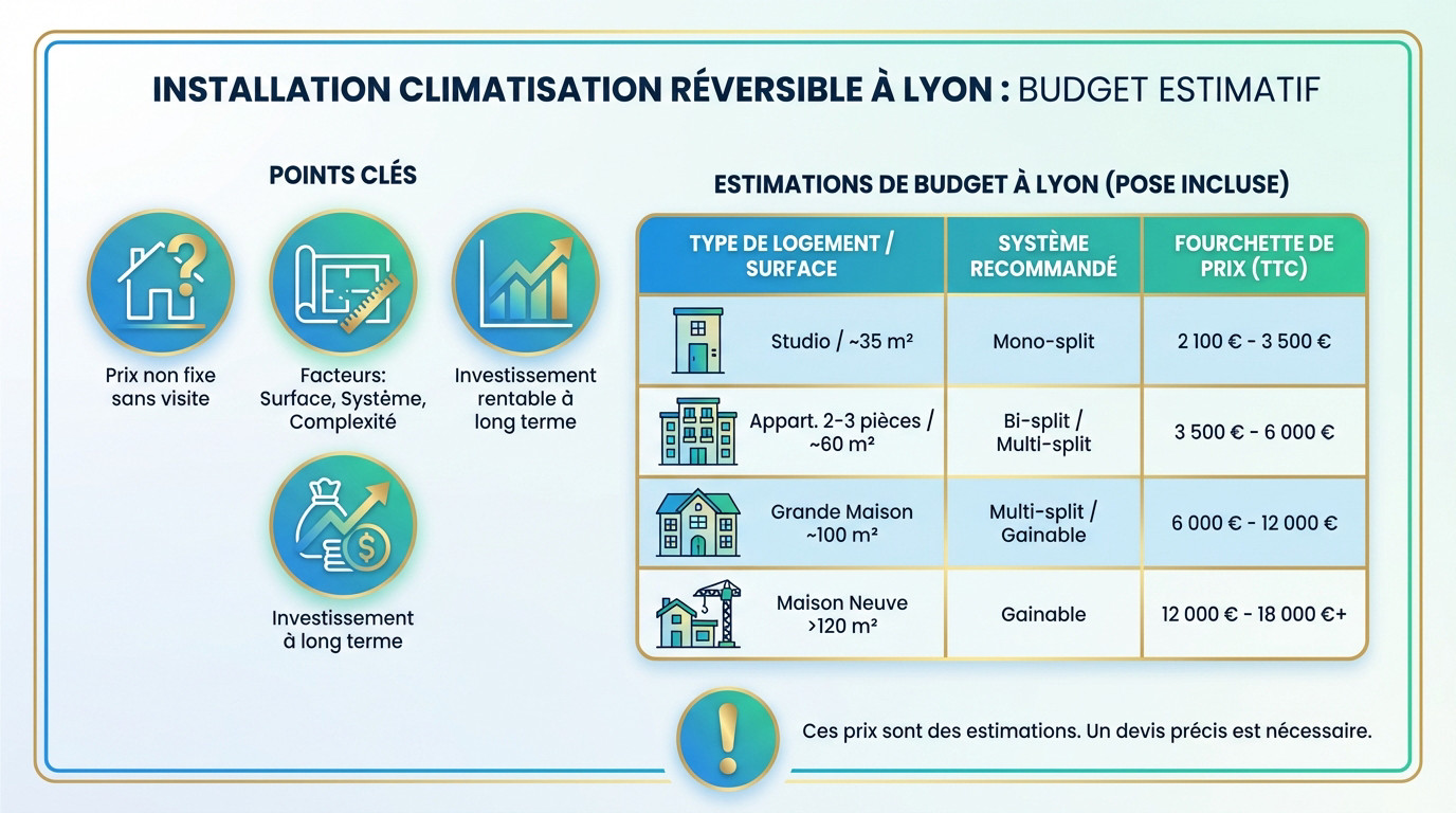 Tableau estimatif des prix d'installation de climatisation réversible à Lyon selon la surface