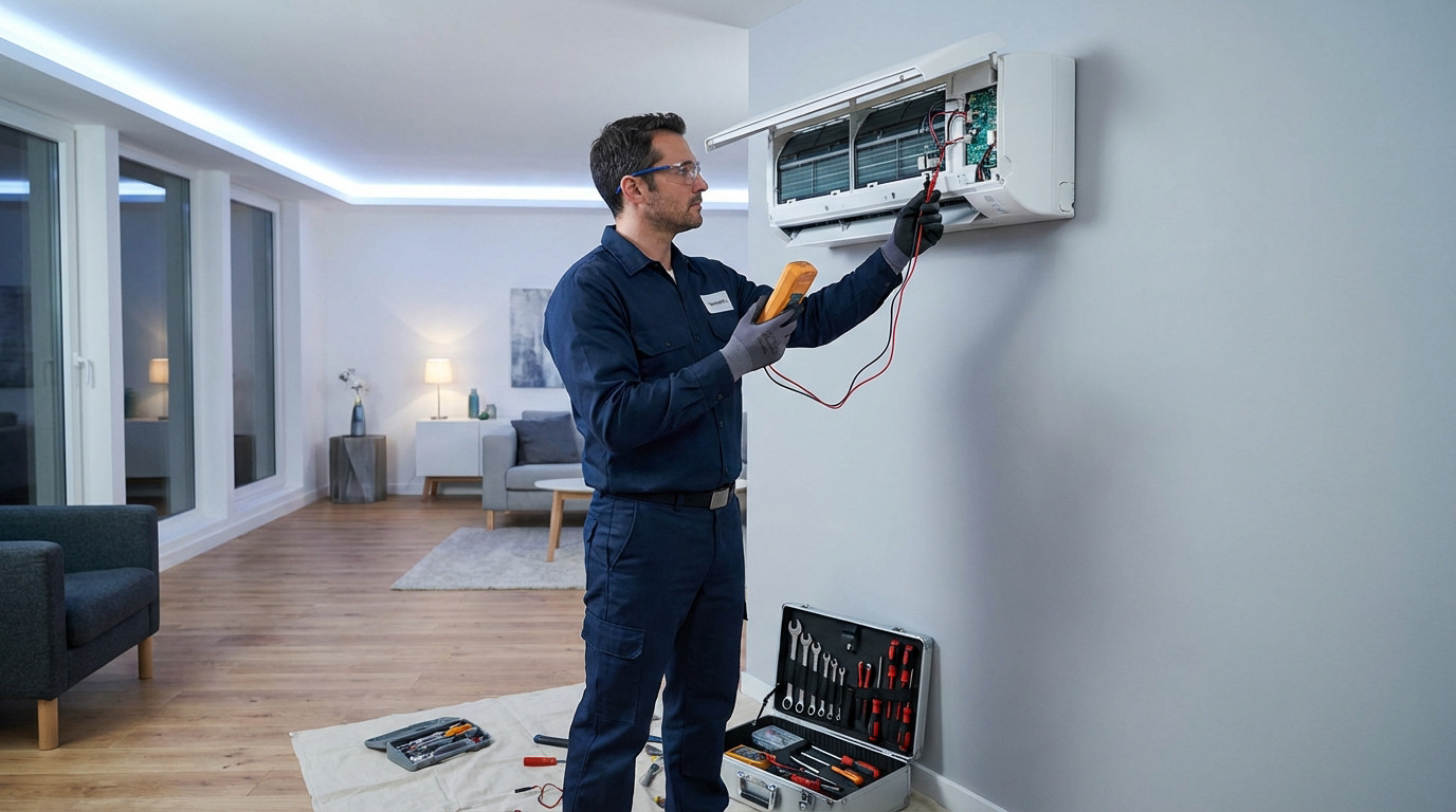 Climatisation chauffage et plomberie à Lyon Ankial - ac repair expert inspecting unit in modern living room Ankial Ankial https://climatisation-lyon.com