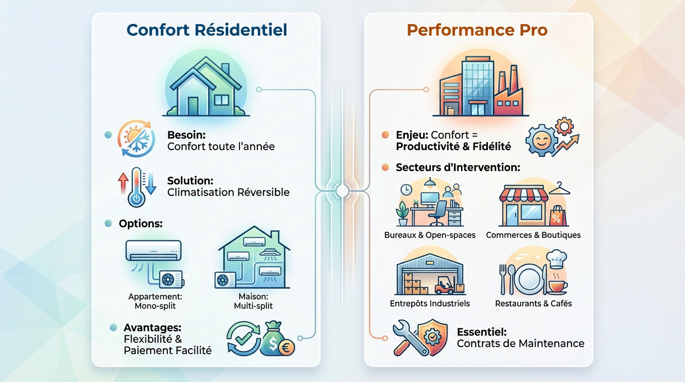 Infographie comparant le confort résidentiel et la performance professionnelle des systèmes de climatisation