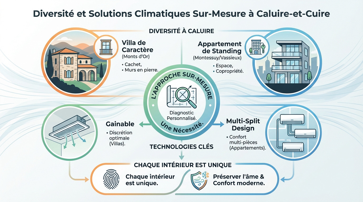 Installation de climatisation discrète et esthétique dans un salon moderne à Caluire-et-Cuire