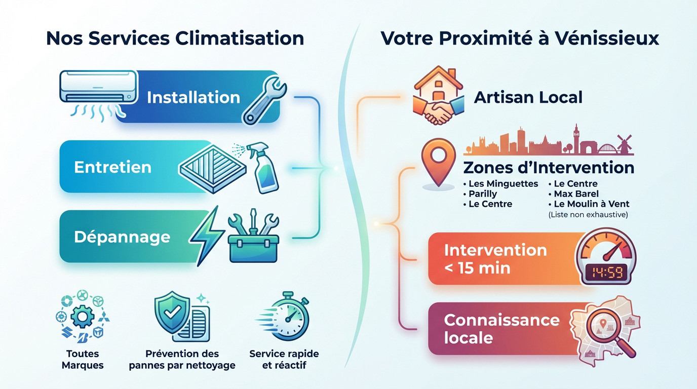 Technicien effectuant l'entretien et le dépannage d'une climatisation à Vénissieux