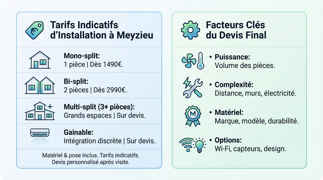 Tableau des tarifs et facteurs influençant le prix d'une installation de climatisation à Meyzieu