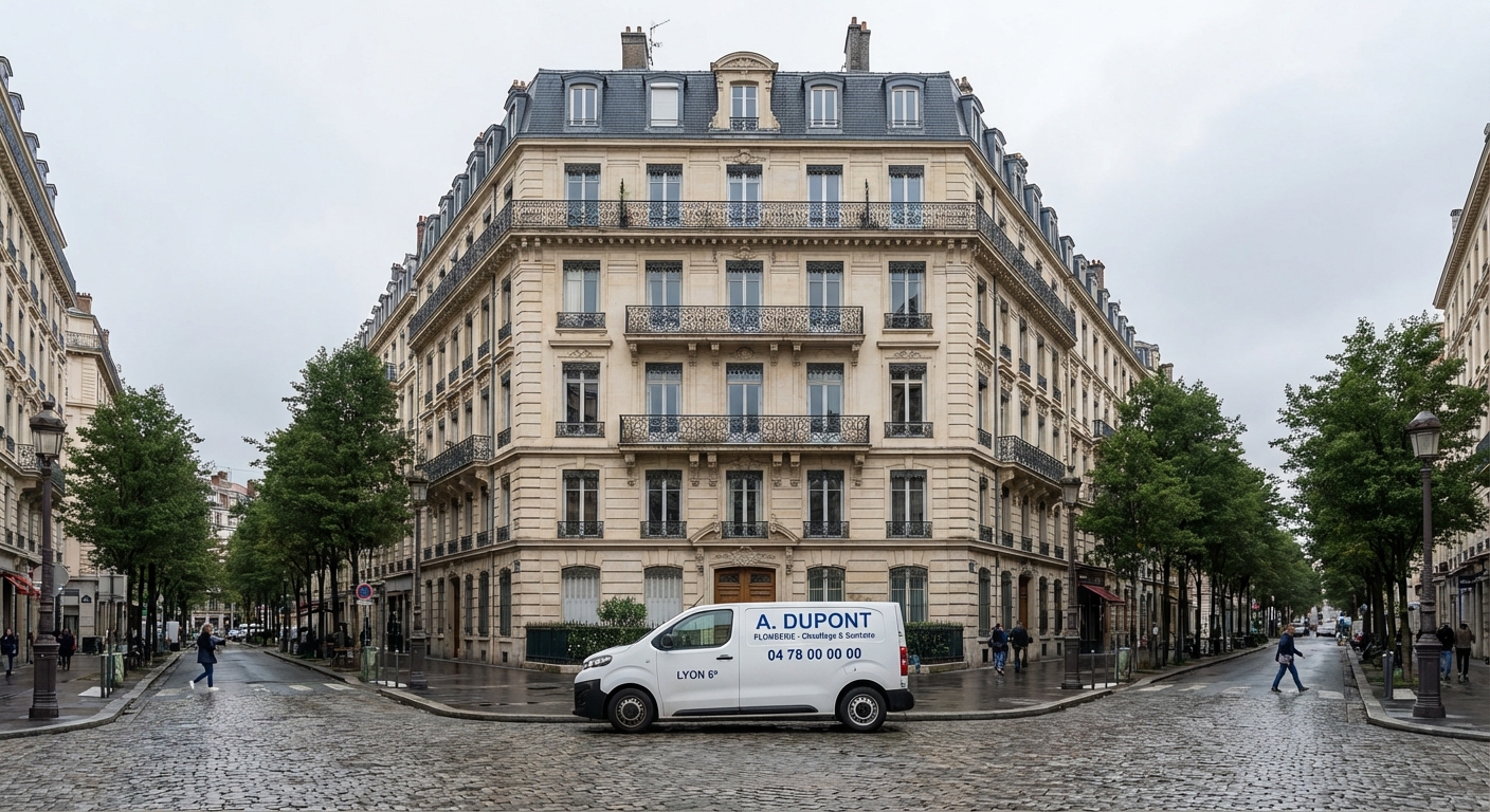 Immeuble haussmannien Lyon 6 avec camionnette de plombier