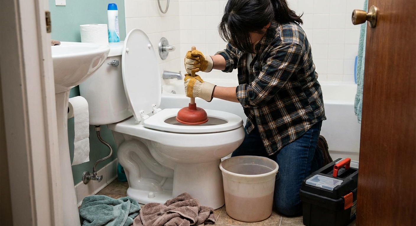 Personne utilisant une ventouse en caoutchouc sur des toilettes bouchees, depannage urgent salle de bain