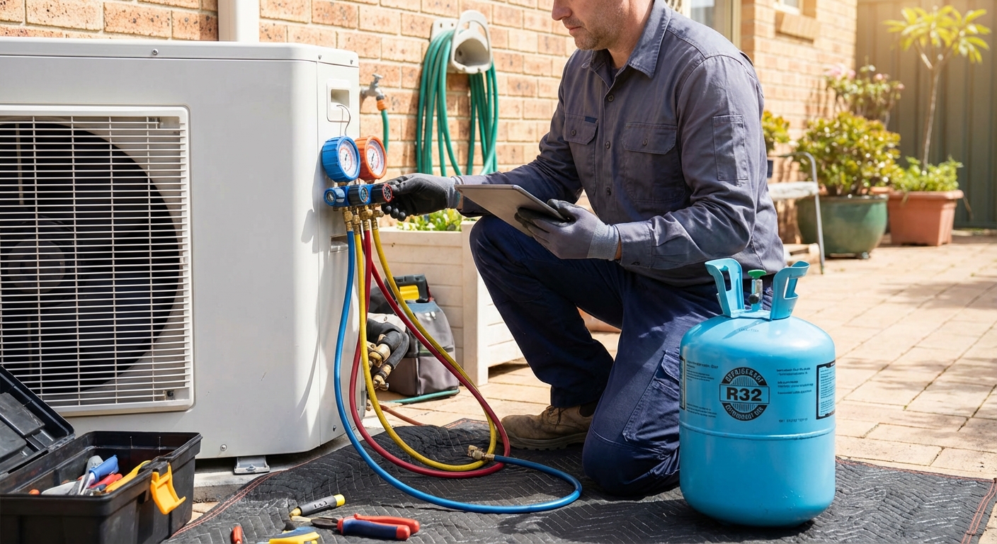 Technicien recharge gaz climatisation manometres R32