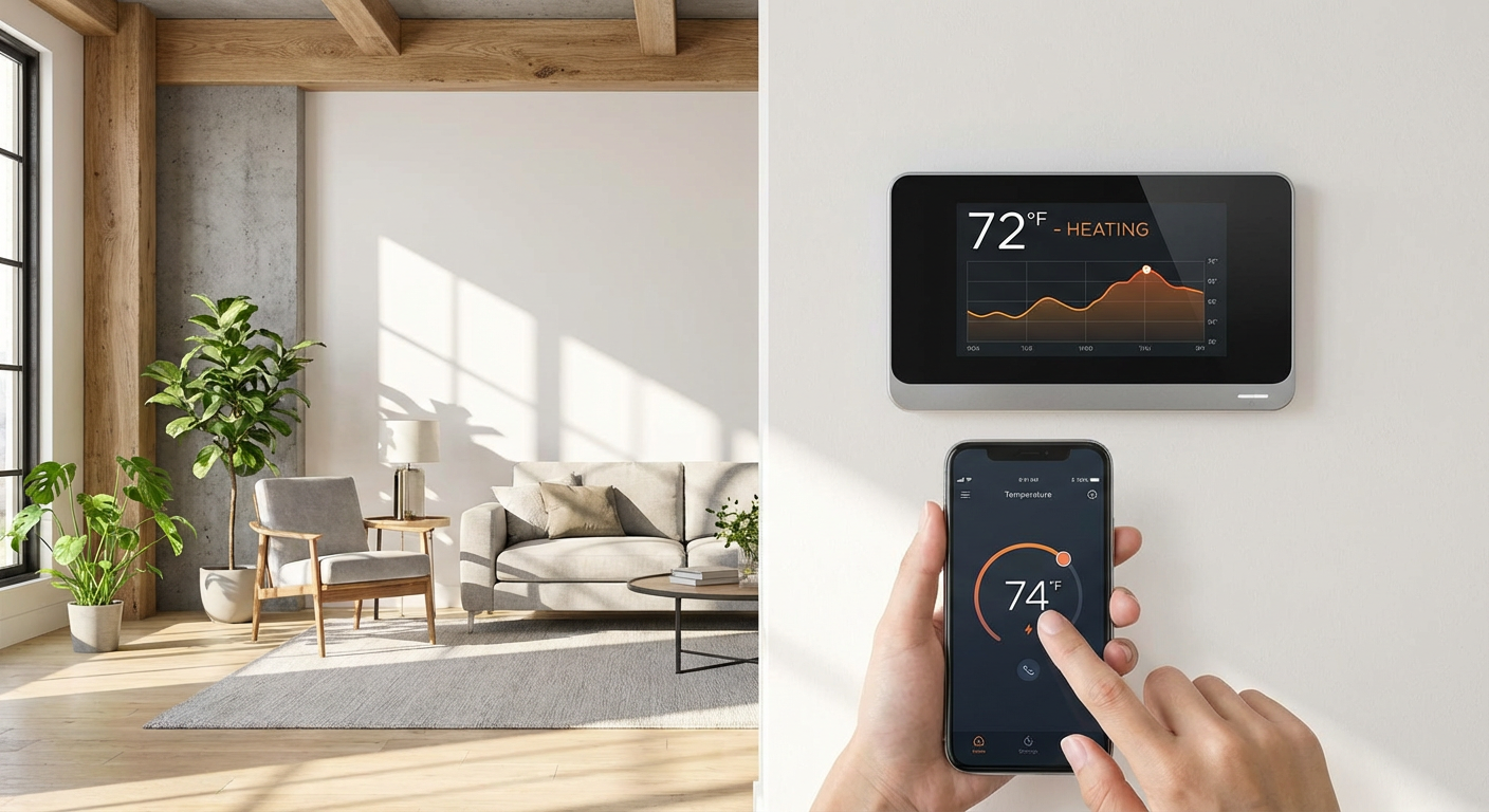 Thermostat connecte mural salon avec application smartphone controle chauffage