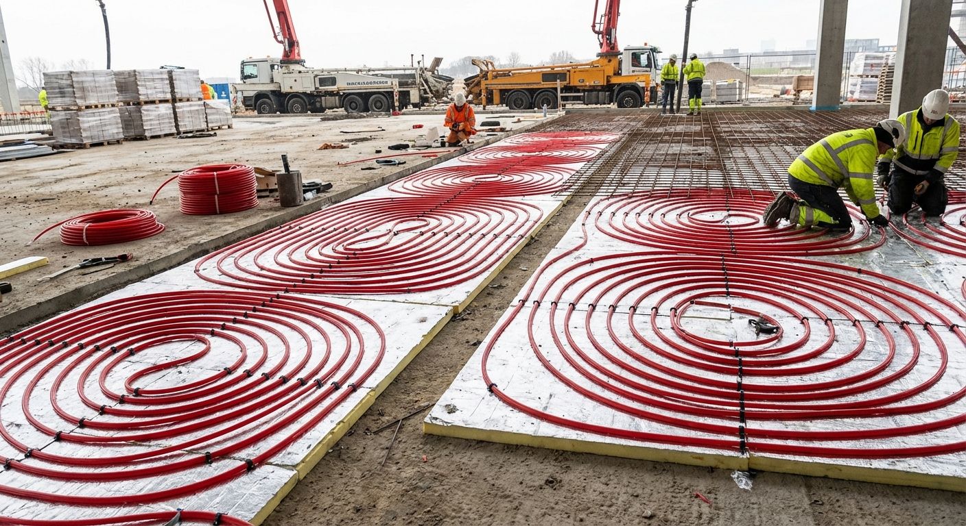 Installation plancher chauffant a Lyon - tubes PEX en spirale sur isolant