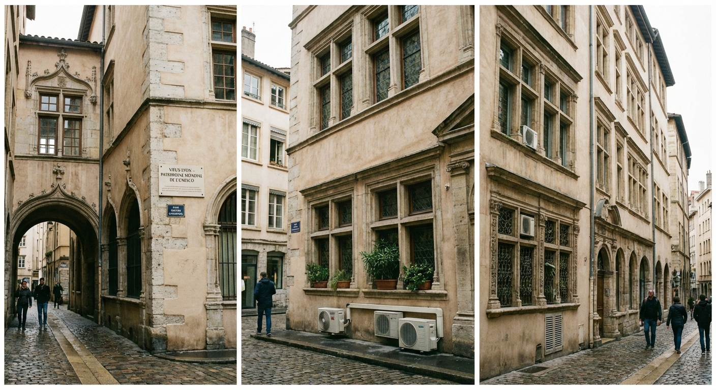 Vieux Lyon batiments historiques UNESCO avec climatisation discrete