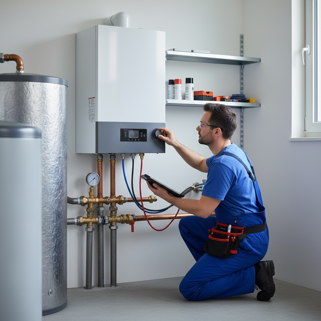 Technicien chauffagiste reglant une chaudiere condensation