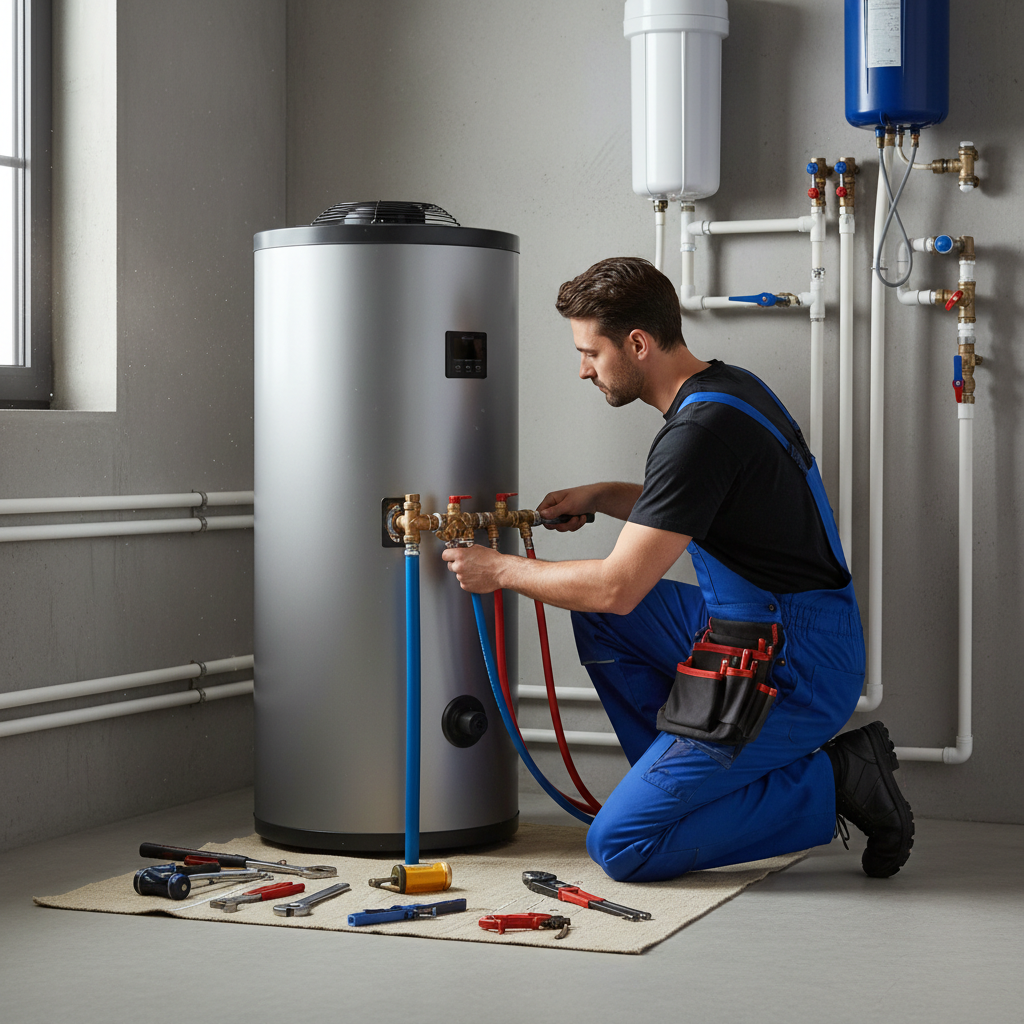 Plombier raccordant un chauffe-eau thermodynamique au reseau