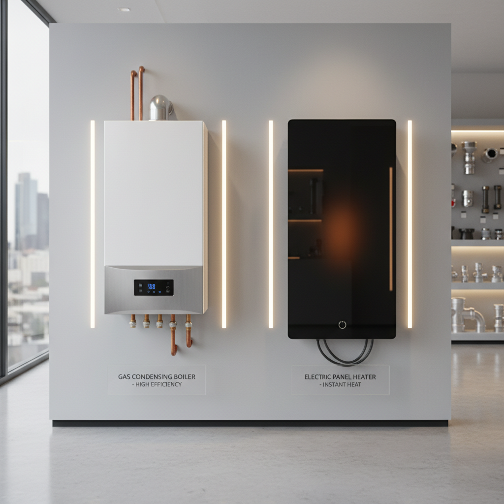 Chaudiere gaz condensation a cote radiateur electrique en showroom