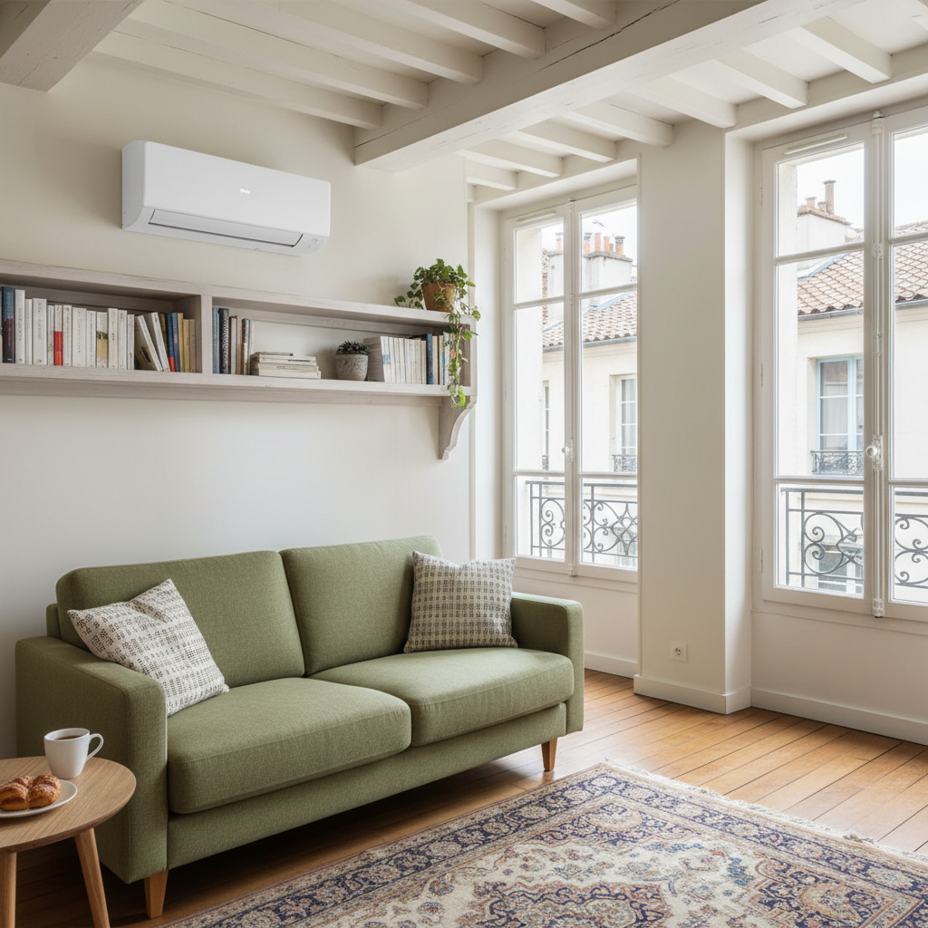 Climatisation chauffage et plomberie à Lyon Ankial - clim appartement lyon 1 Ankial Ankial https://climatisation-lyon.com Climatisation Climatisation Climatiseur compact dans un petit appartement lyonnais