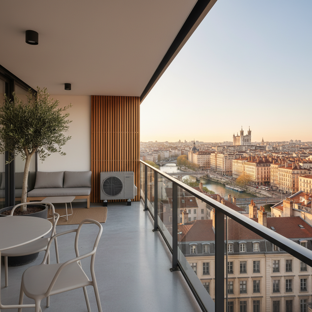 Climatisation chauffage et plomberie à Lyon Ankial - clim appartement lyon 2 Ankial Ankial https://climatisation-lyon.com Climatisation Climatisation Balcon appartement avec unite exterieure climatisation discrete
