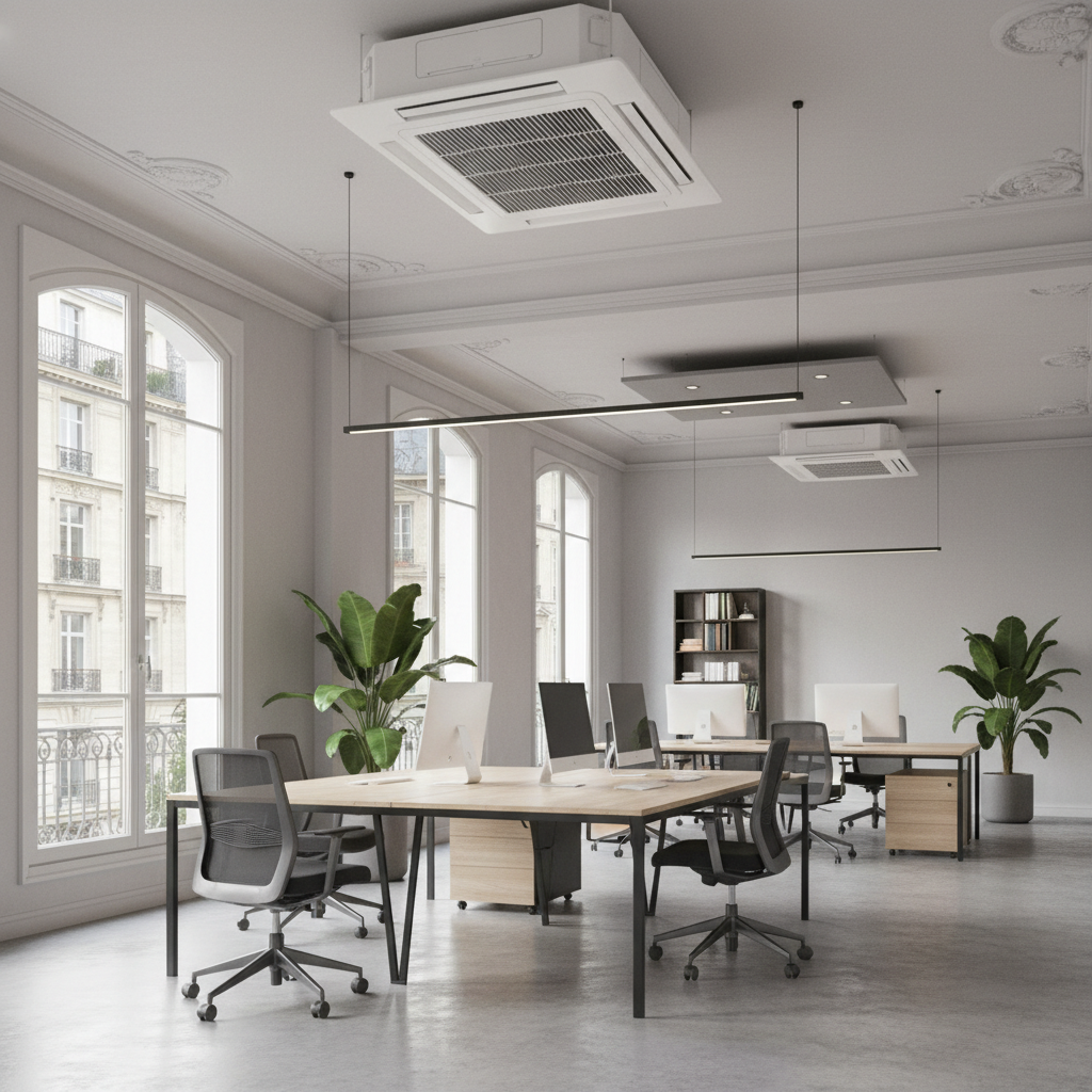 Climatiseur cassette encastre au plafond dans un bureau moderne