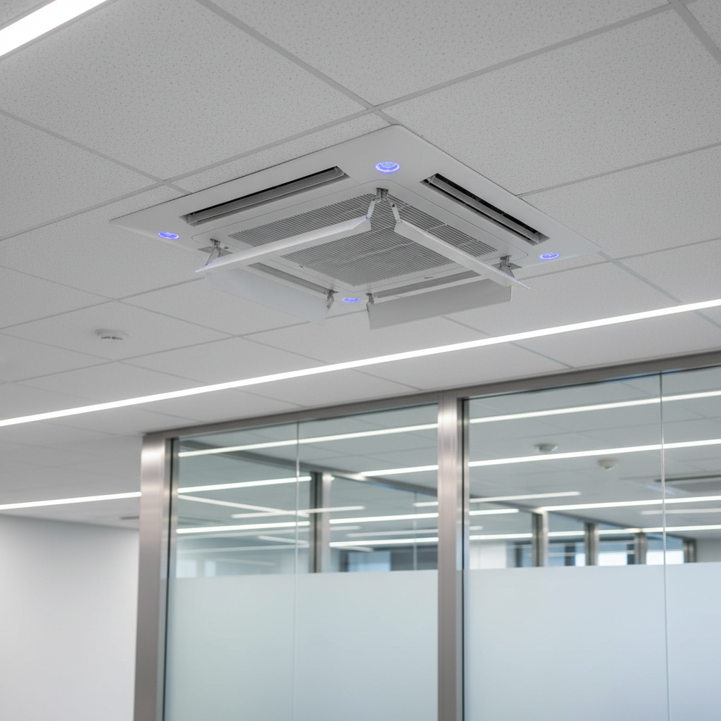 Gros plan climatiseur cassette avec panneau blanc elegant