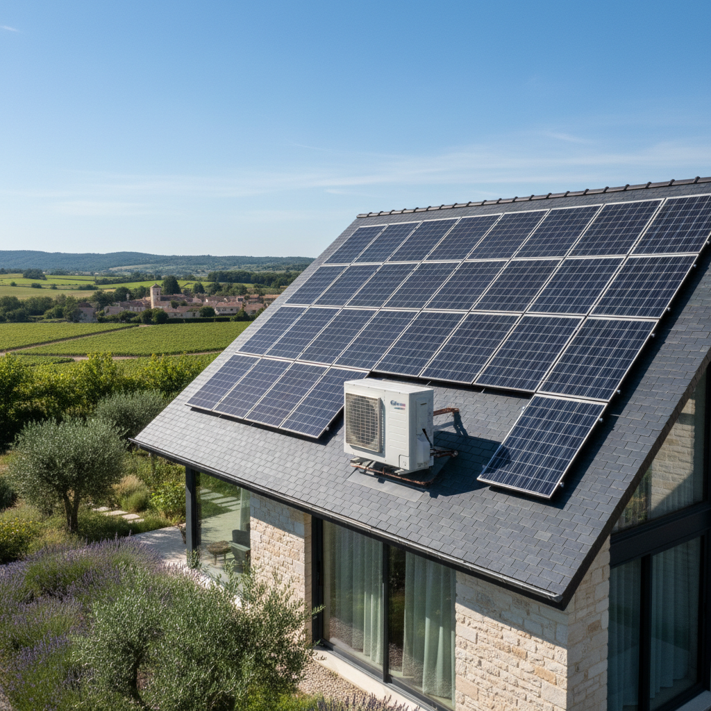 Systeme climatisation solaire photovoltaique sur maison moderne