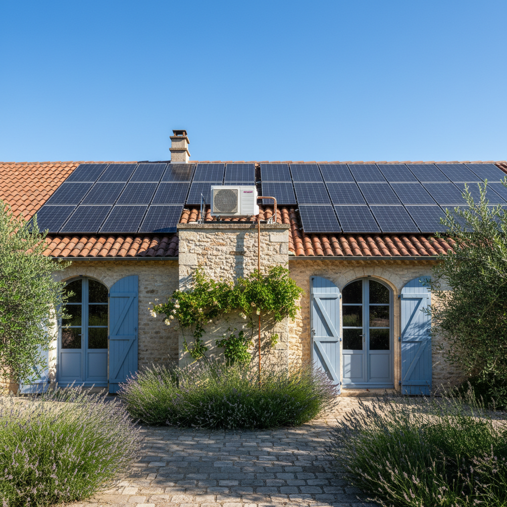 Panneaux solaires sur toit connectes a la climatisation