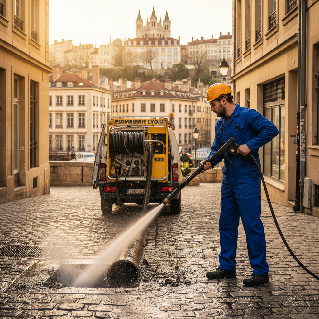 Plombier utilisant un furet haute pression pour deboucher une canalisation a Lyon