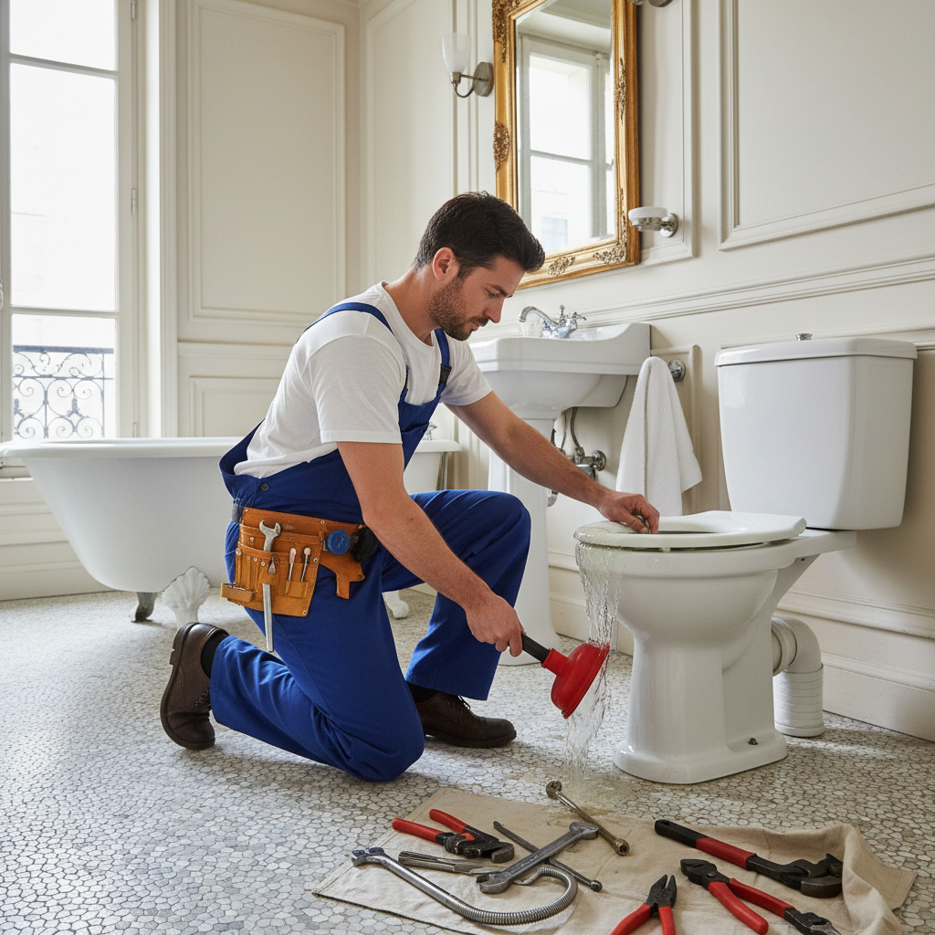 Plombier professionnel debouchant des WC avec equipement adapte