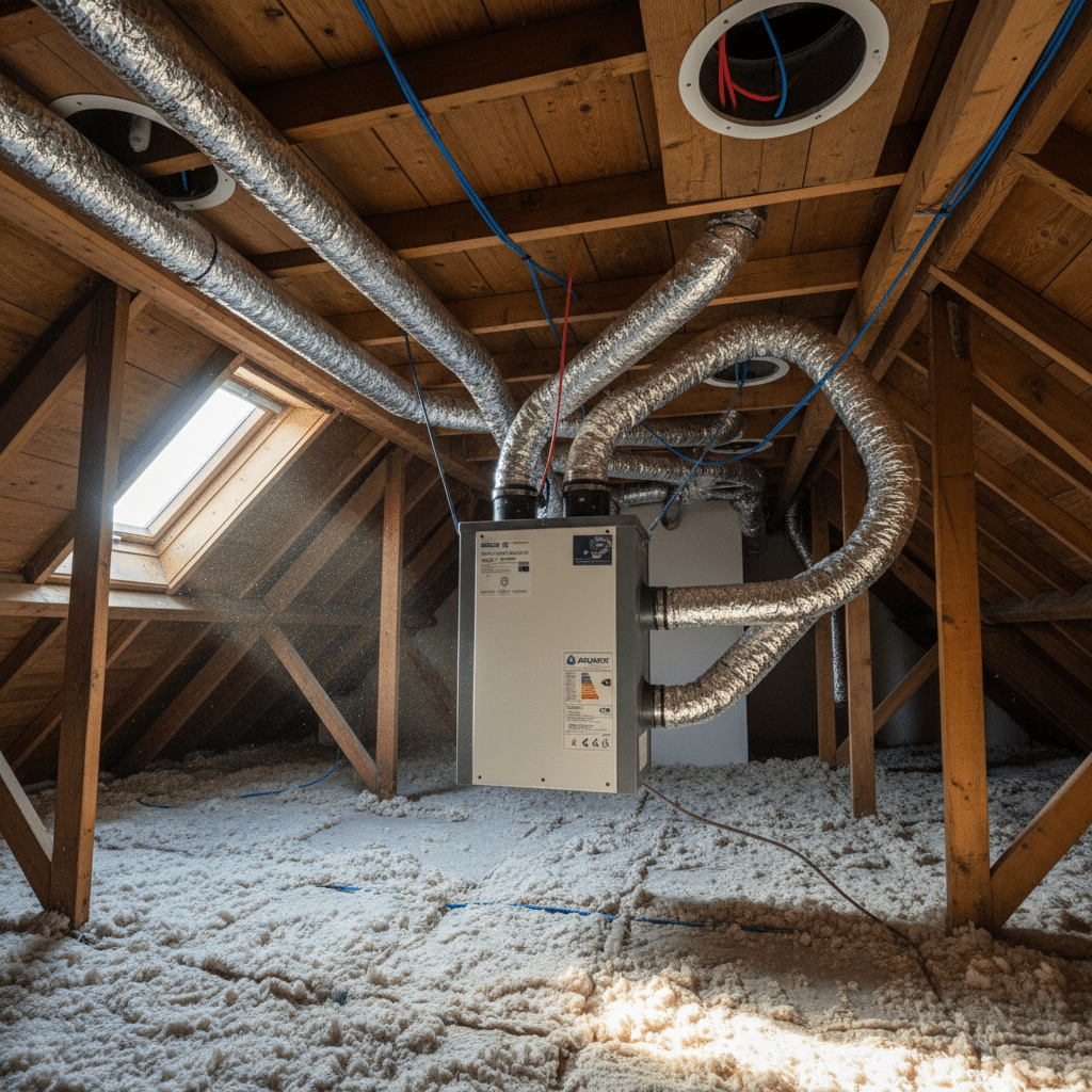 VMC double flux installee dans combles avec gaines visibles