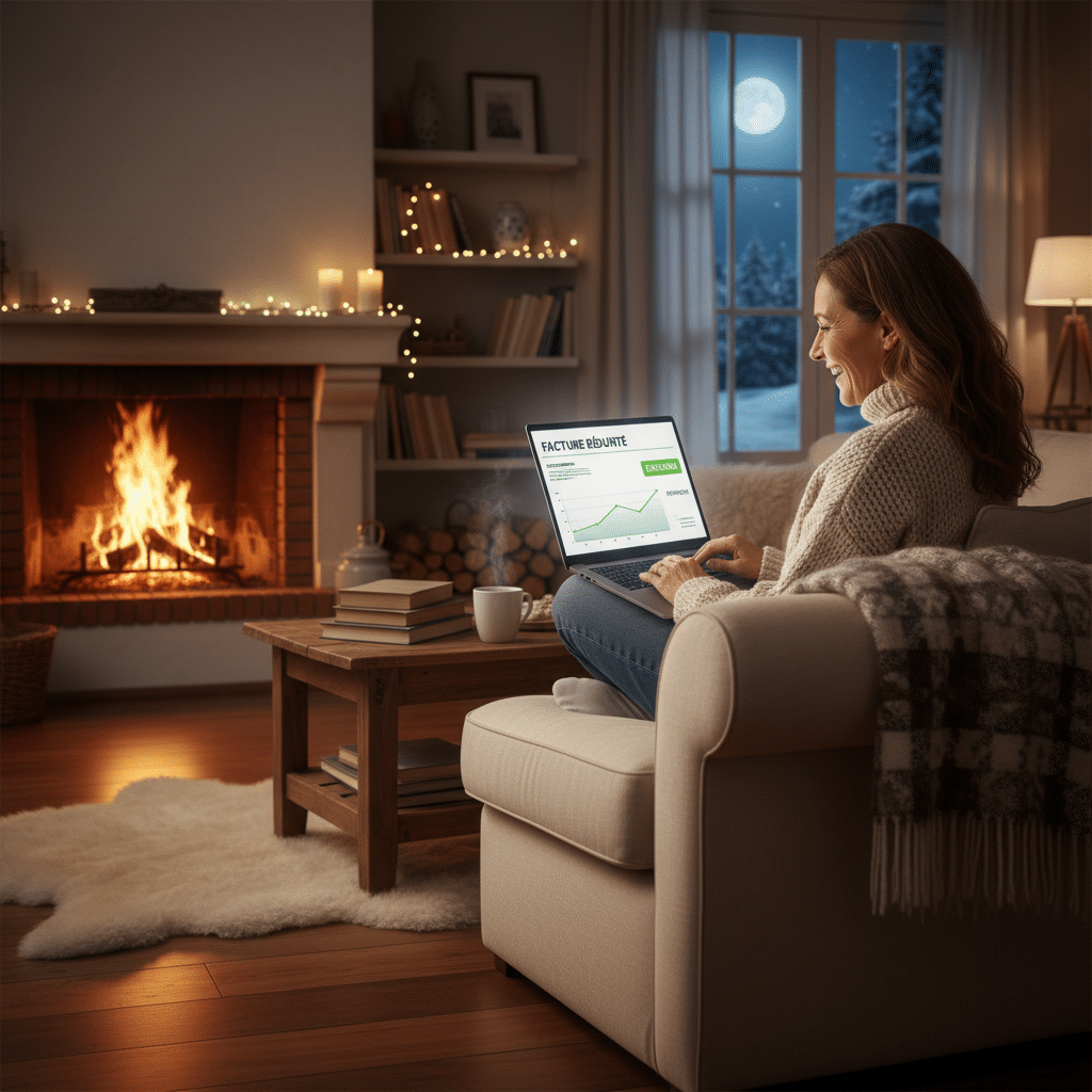 Climatisation chauffage et plomberie à Lyon Ankial - Proprietaire verifiant facture chauffage reduite sur ordinateur