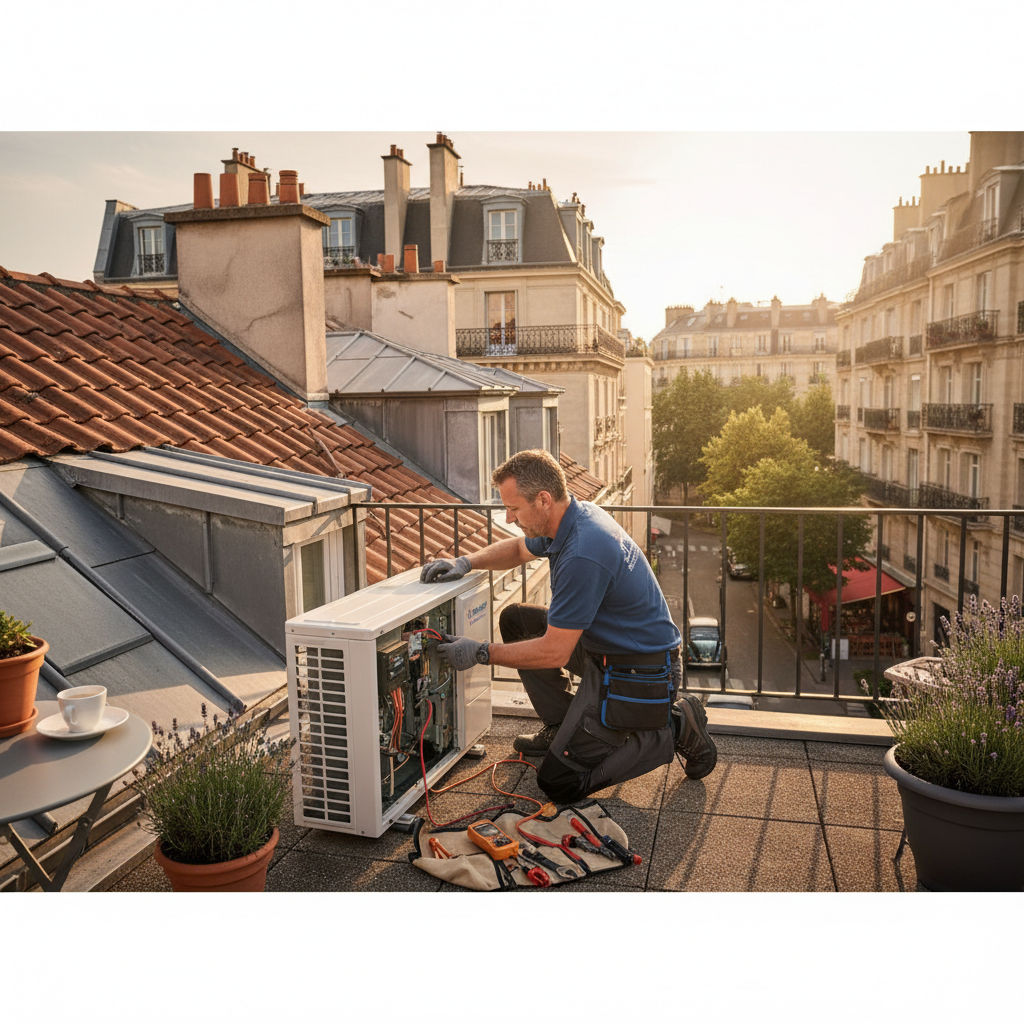 Technicien effectuant entretien climatisation avec outils
