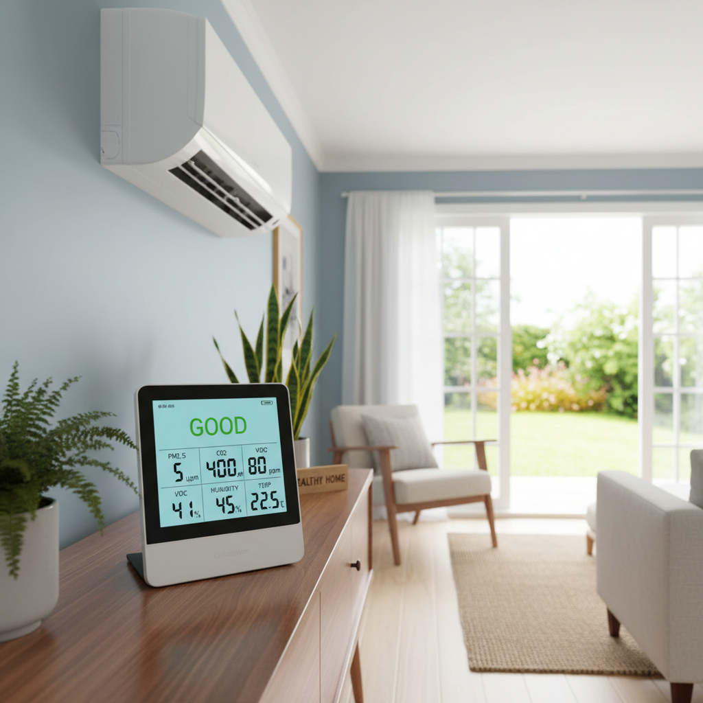 Climatisation chauffage et plomberie à Lyon Ankial - Moniteur qualite air interieur a cote de la climatisation