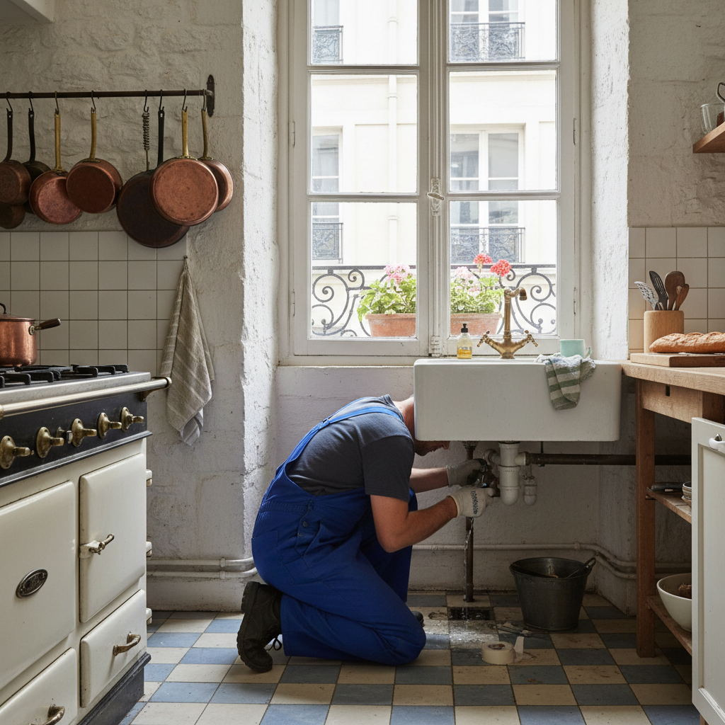 Climatisation chauffage et plomberie à Lyon Ankial - fuite eau lyon 1 Ankial Ankial https://climatisation-lyon.com Plomberie Plombier reparant une fuite eau sous evier dans un appartement lyonnais