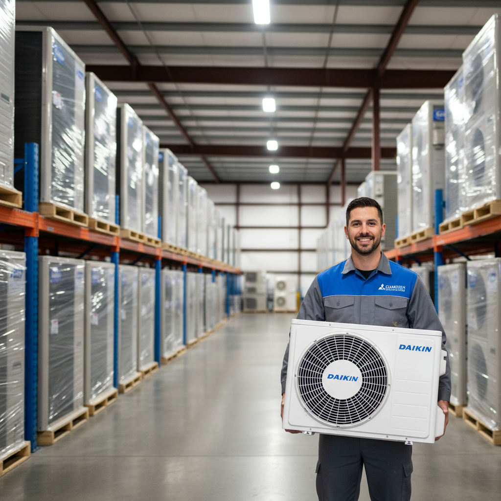 Installateur professionnel manipulant une unité intérieure de climatisation