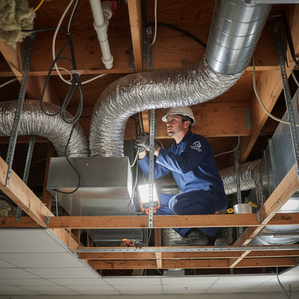 Technicien installant des gaines de climatisation au plafond