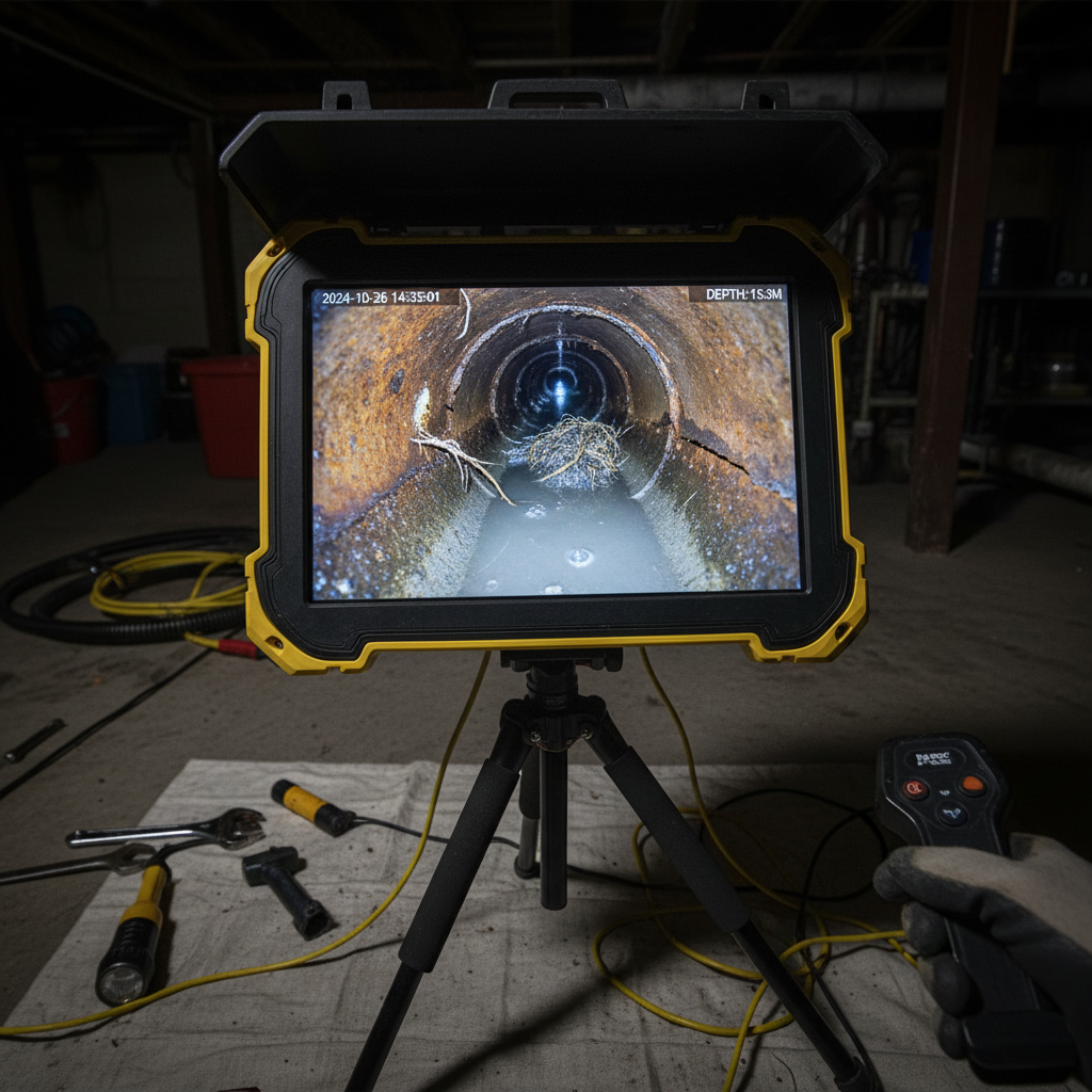 Ecran camera inspection montrant interieur de canalisation enterree