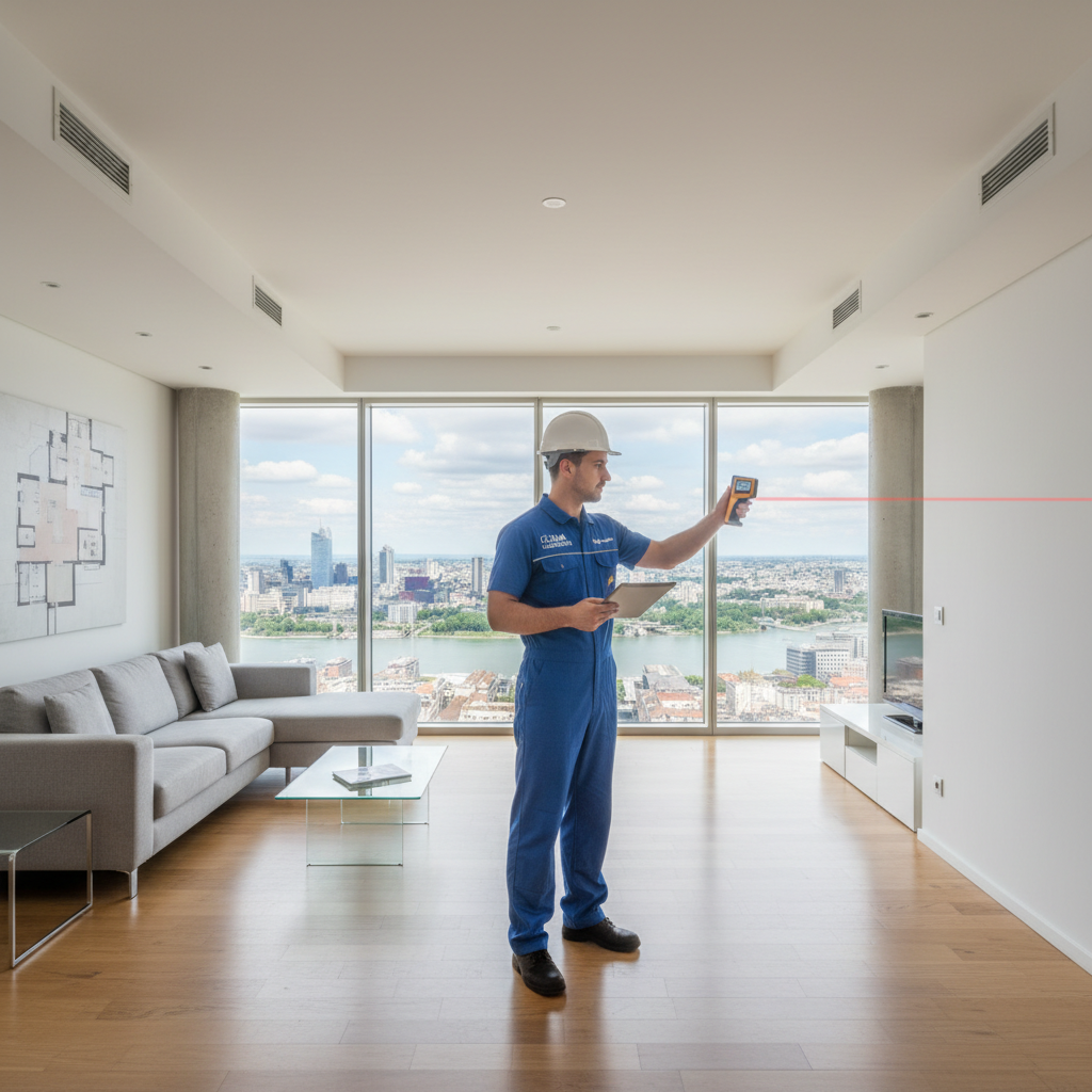 Technicien mesurant les dimensions d’une pièce pour le calcul de puissance de climatisation