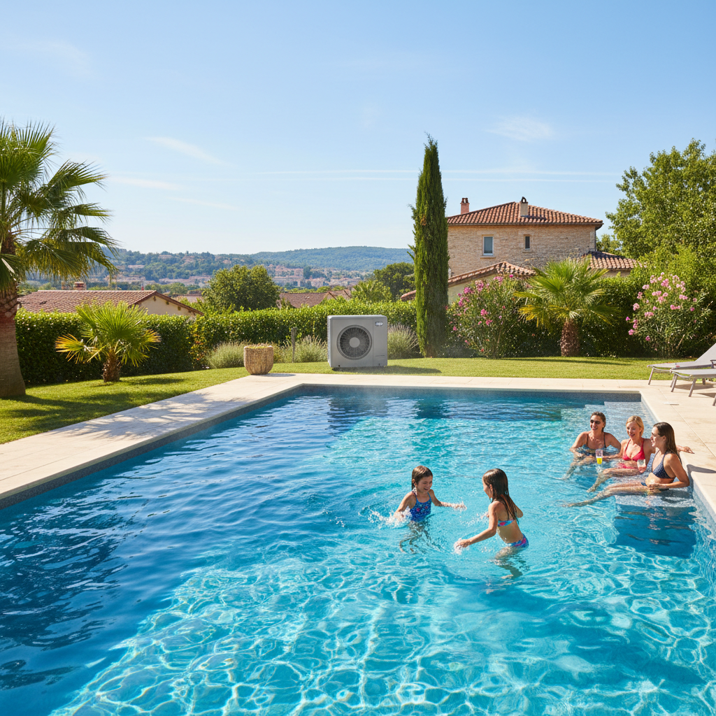Famille profitant de la piscine chauffee par pompe a chaleur