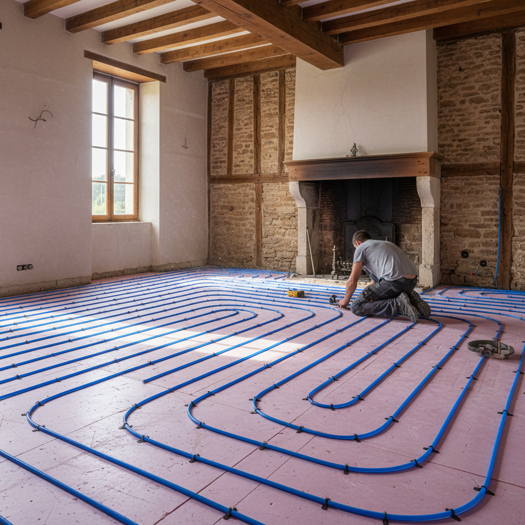 Installation plancher chauffant avec tubes sur isolant dans une maison