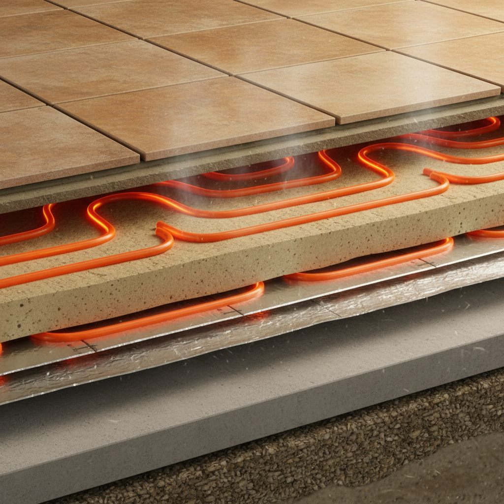 Coupe transversale plancher chauffant montrant disposition des tubes