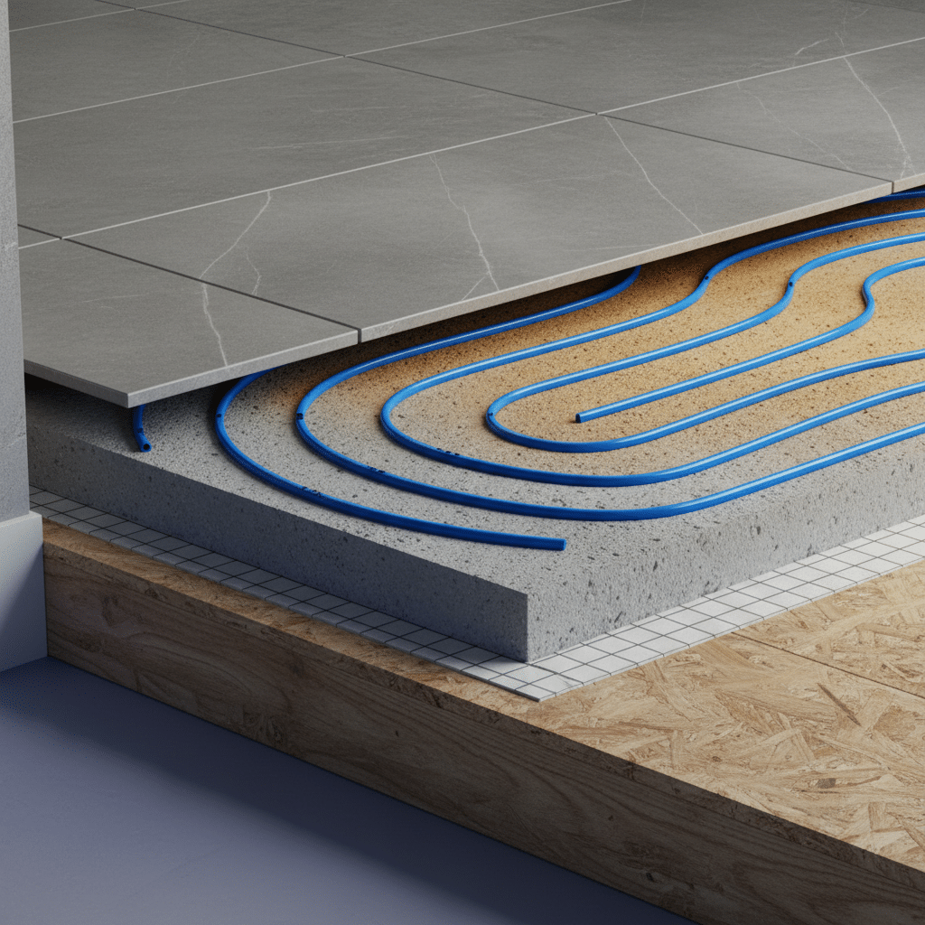 Climatisation chauffage et plomberie à Lyon Ankial - Coupe transversale plancher chauffant sous carrelage moderne