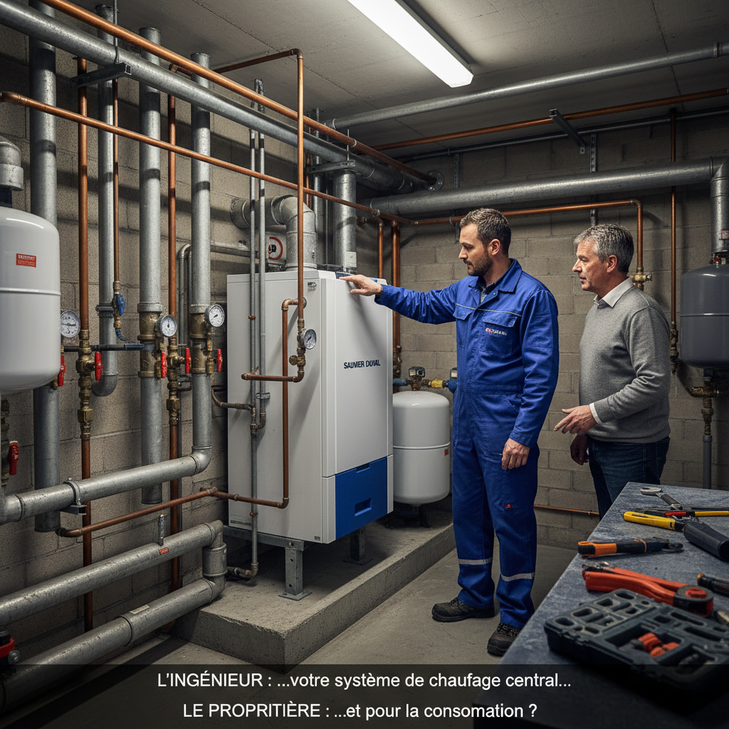Plombier et chauffagiste discutant du systeme de chauffage