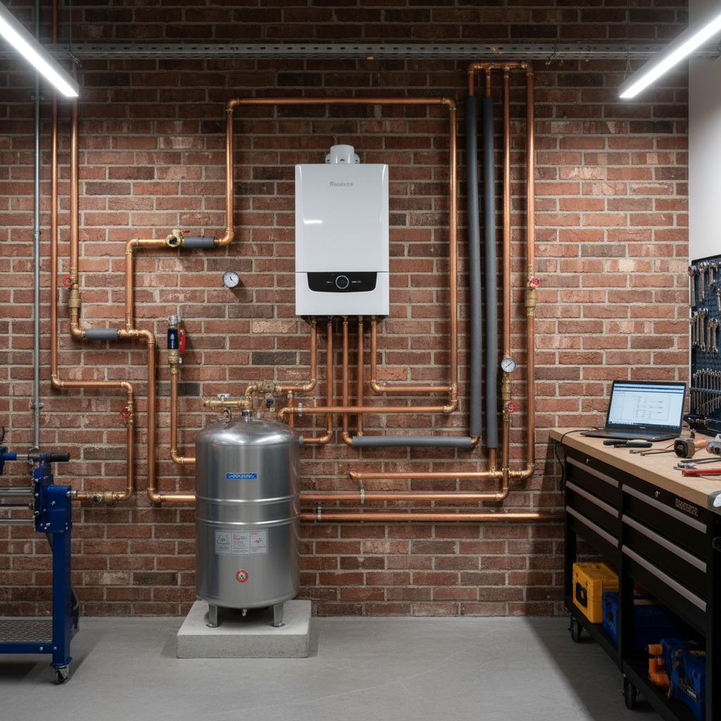 Espace travail plomberie chauffage avec chaudiere et tuyaux