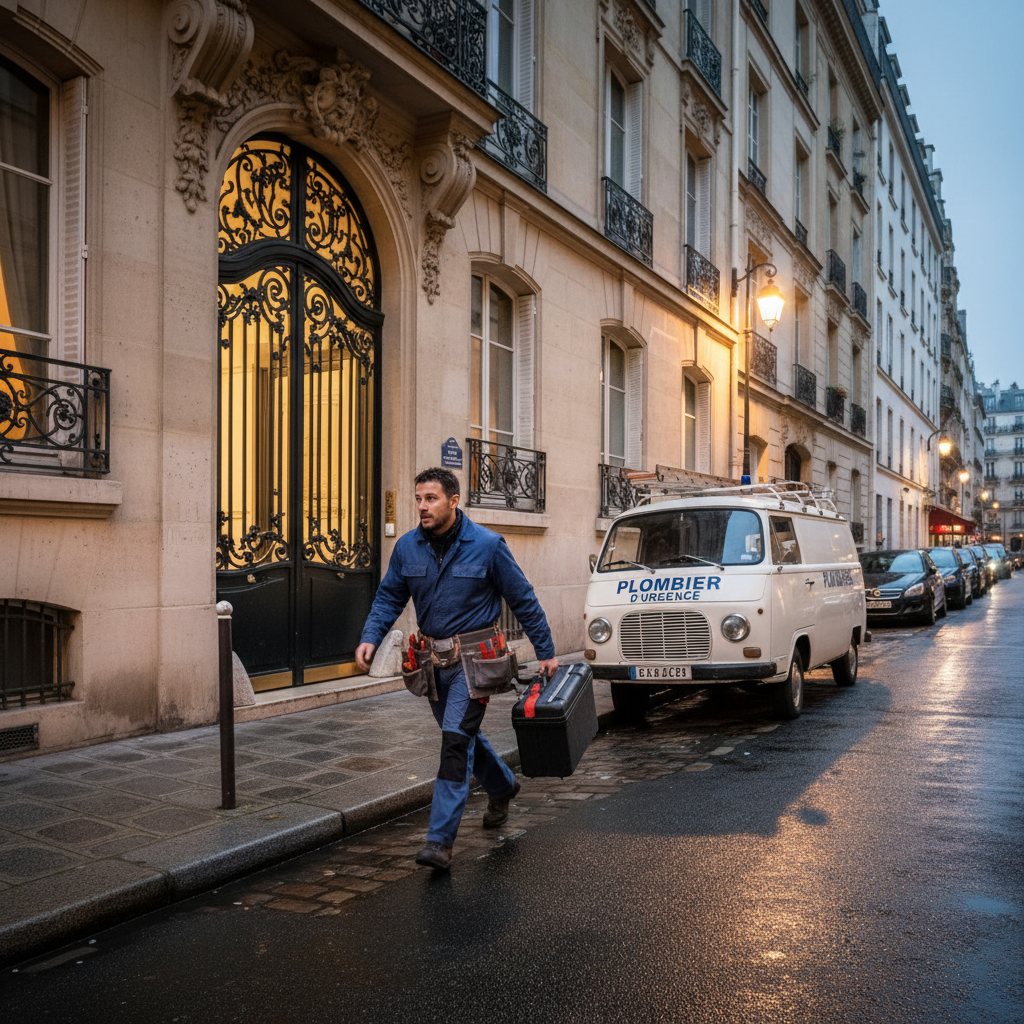 Plombier urgence arrivant avec ses outils devant un immeuble lyonnais