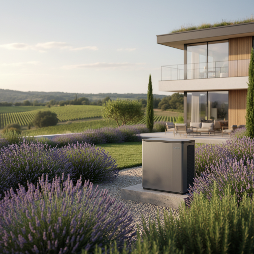 Unite exterieure pompe a chaleur air-eau dans jardin